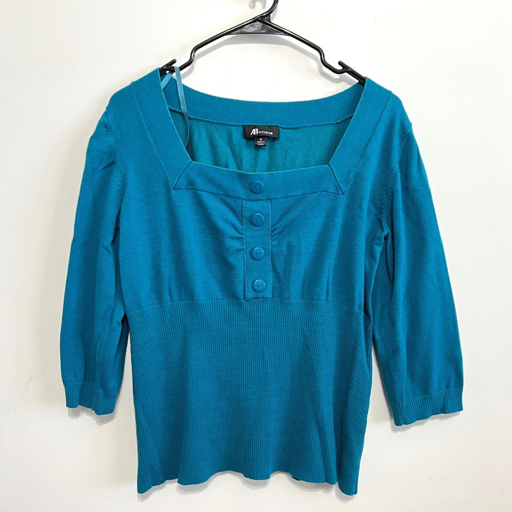 Y2K Womens Square Neck Ribbed Knit Sweater Size XL Teal 3/4 Sleeve Button Front